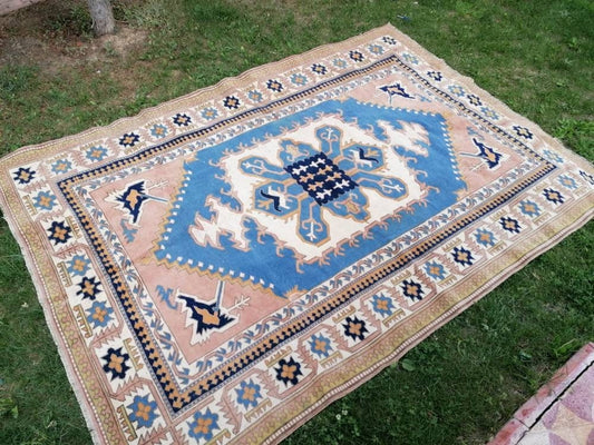 6.8 x 9.6 Turkish oushak wool rug blue rug, vintage handmade rug