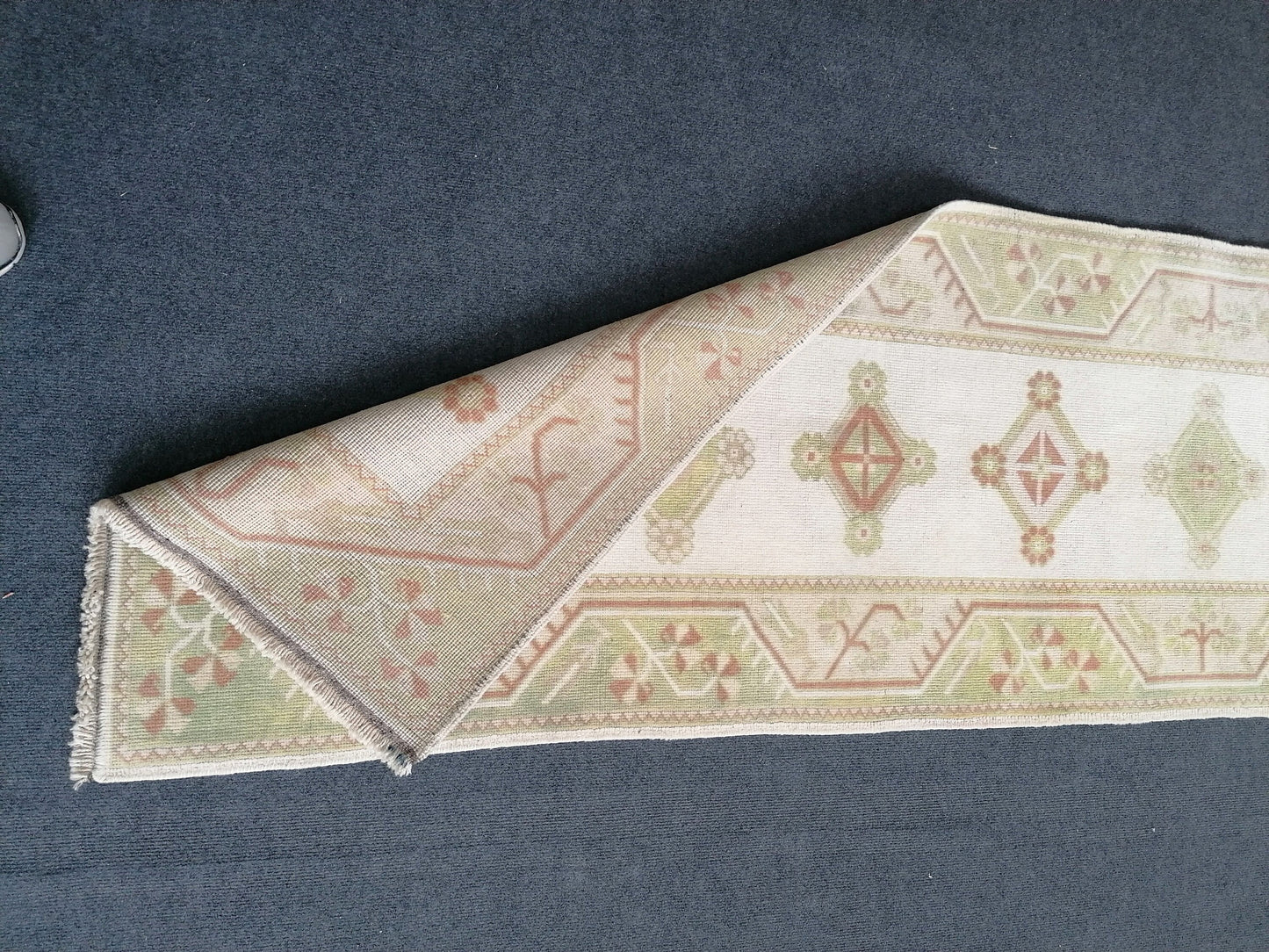 Pastel green runner rug, 2.5 x 9.5 faded runner rug, turkish runner rug, vintage runner rug,