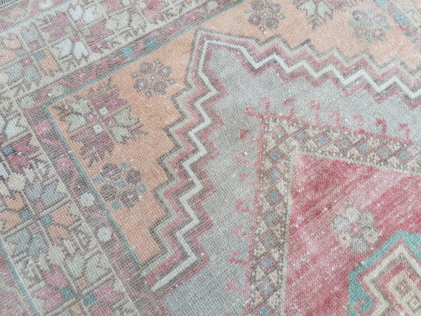 3.7 x 6.6 pastel vintage handmade wool rug, turkish rug, oushak vintage rug,