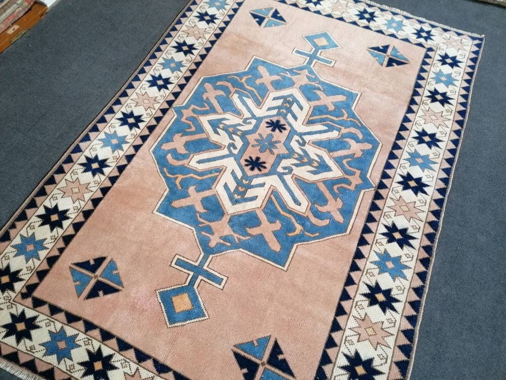 Vintage blue rug 5 x 7.4 turkish handmade rug,