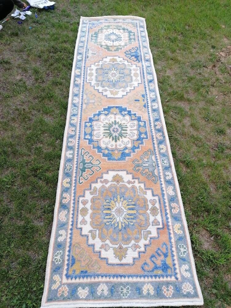2.10 x 10.7 oushak turkish wool runner rug, oushak handmade rug, living room rug,