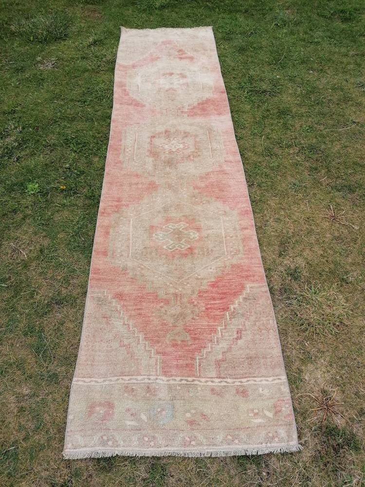 2.7 x 10.4 Oushak turkish runner rug, vintage wool runner