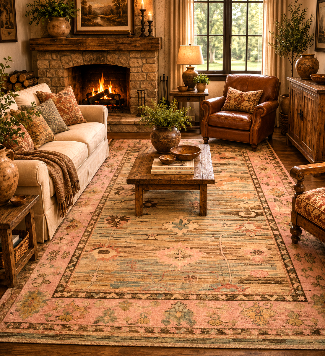 Authentic handwoven Turkish Oushak rug showcasing natural dyes and traditional double-knot weaving