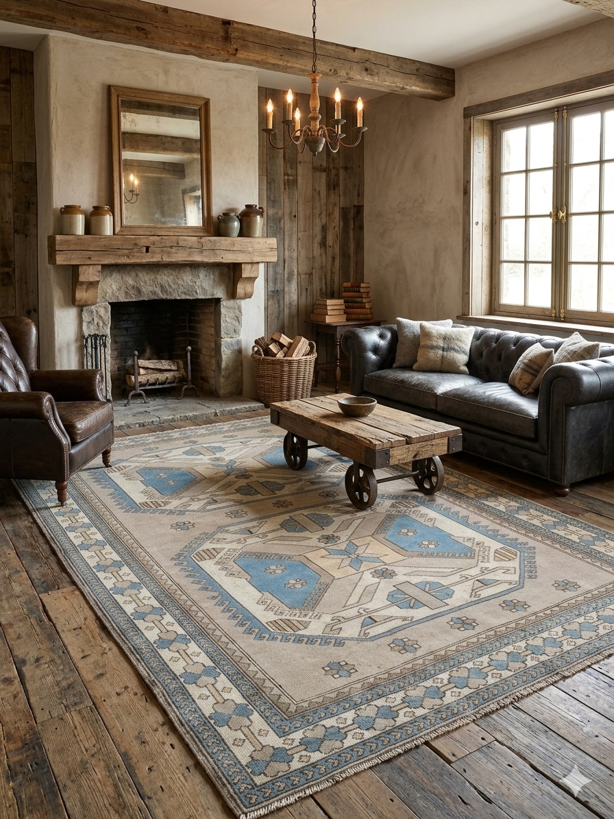 Vintage Turkish rug featuring traditional geometric motifs, warm earth tones, and a classic border design