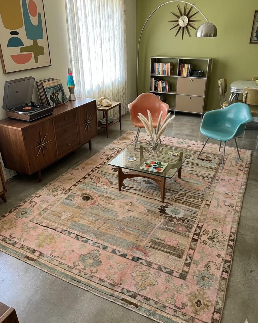 Antique Turkish Oushak rug with soft ivory and gold tones, handwoven wool pile, and traditional floral medallion — vintage Anatolian craftsmanship