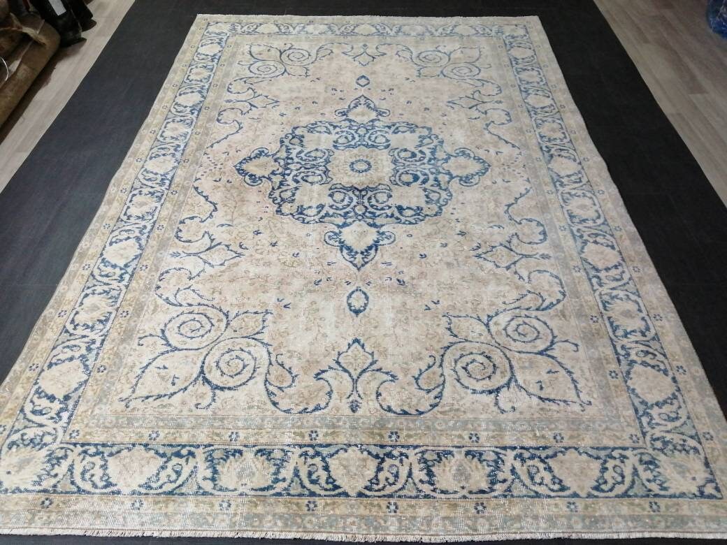 Muted Persian RUG 6.7 x 10 Turkish Oushak Rug Vintage Antique Rug Vintage Blue Light Pink Rug Wool Muted Oriental Rug Hand Made Rug