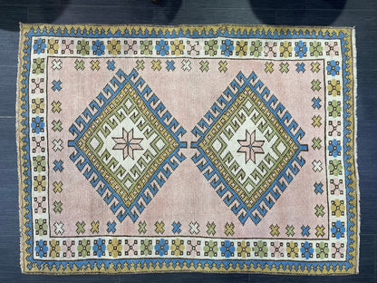 Vintage Rug, Handmade Rug, 3.3 x 4.4 Oushak Rug, Turkish Rug, Natural Wool Rug, Fun Rug, Persian Rug, Soft Wool Rug, wholesale Rug