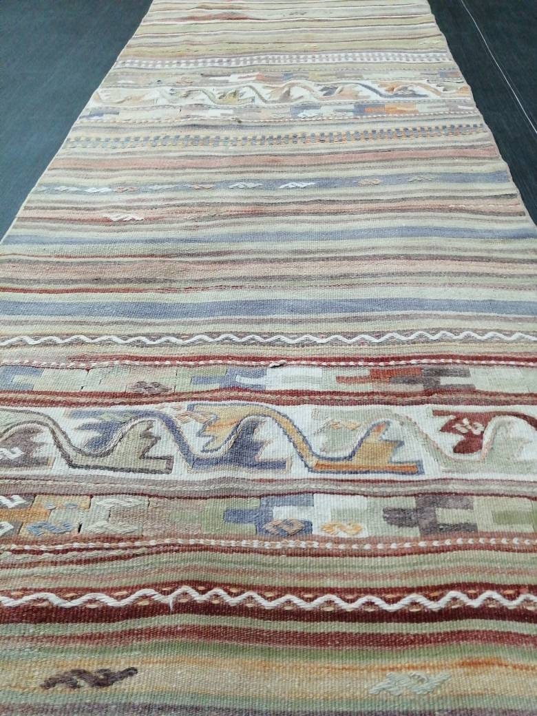 Vintage  Runner rug 2.9 x 15.4 Flat woven Runner Kilim Rug With Embroidery XL Oriental Runner Carpet, Vintage Kilim Rug Wool 3x16 Carpet Rug