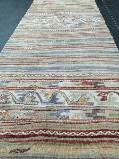 Vintage  Runner rug 2.9 x 15.4 Flat woven Runner Kilim Rug With Embroidery XL Oriental Runner Carpet, Vintage Kilim Rug Wool 3x16 Carpet Rug