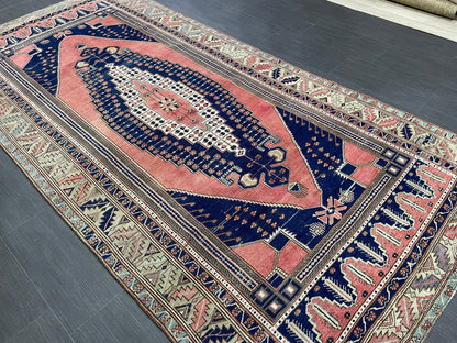 Wool OUSHAK RUG TURKISH 4.7 x 9.6 Rug Muted Pink and Navy Rug Vintage Oriental Rug Vintage Hand Made Rug Wool Vintage Oushak Rug 5x10