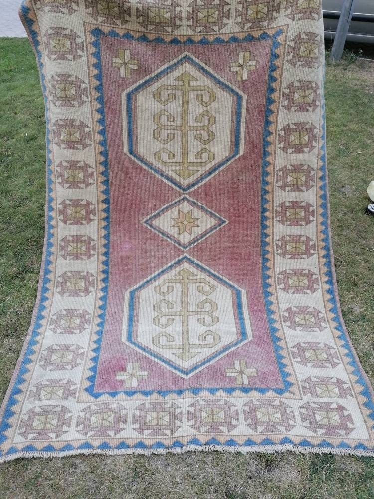 Turkish wool rug, vintage hand made rug, oushak pink rug 4'4x6'3 living room rug, area rug