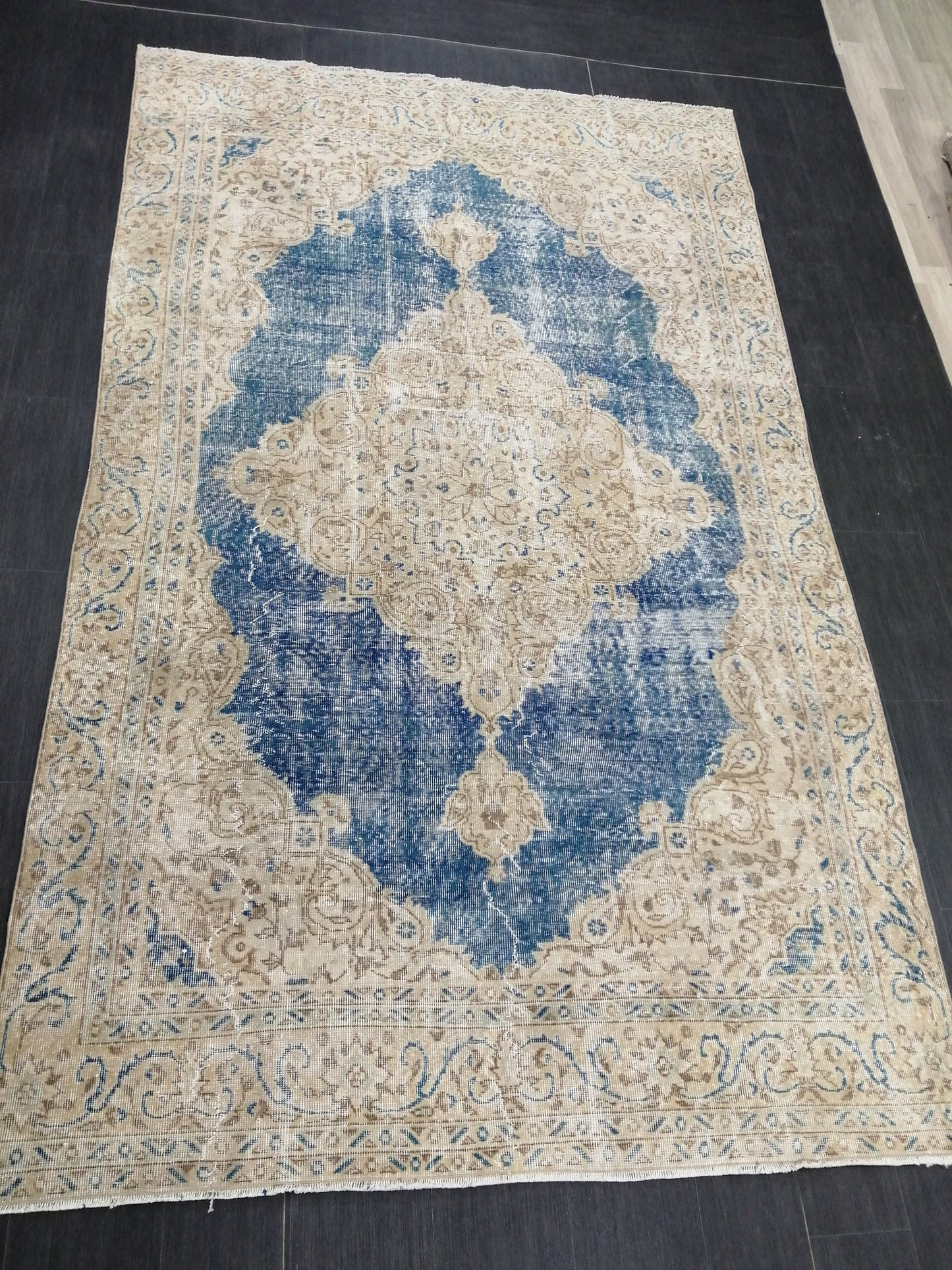 6.3 x 10.5 Denim Blue OUSHAK RUG TURKISH Oushak Rug Vintage Oushak Rug Vintage Runner Rug Wool 10x6 Rug Hand Made Rugs distressed Rug