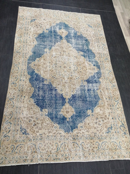 6.3 x 10.5 Denim Blue OUSHAK RUG TURKISH Oushak Rug Vintage Oushak Rug Vintage Runner Rug Wool 10x6 Rug Hand Made Rugs distressed Rug