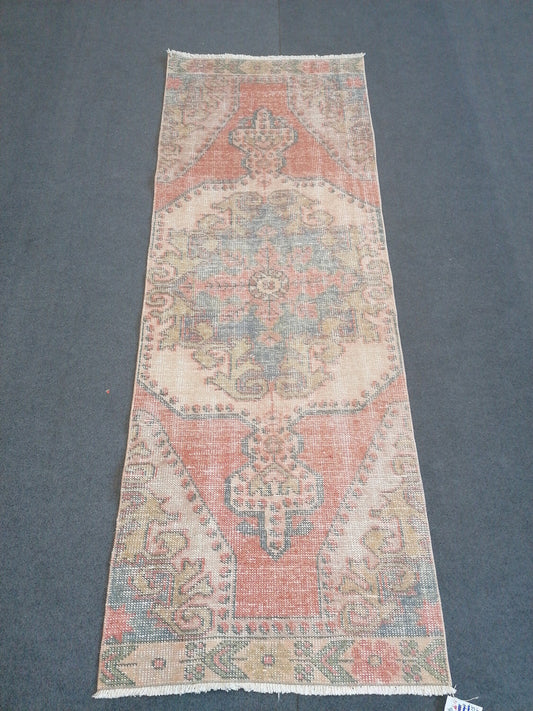 Vintage runner rug 8'8x2'5 turkish oushak area rug,muted soft colors turkish trend rug,low pile pale colors rug,shabby rug,chic rug