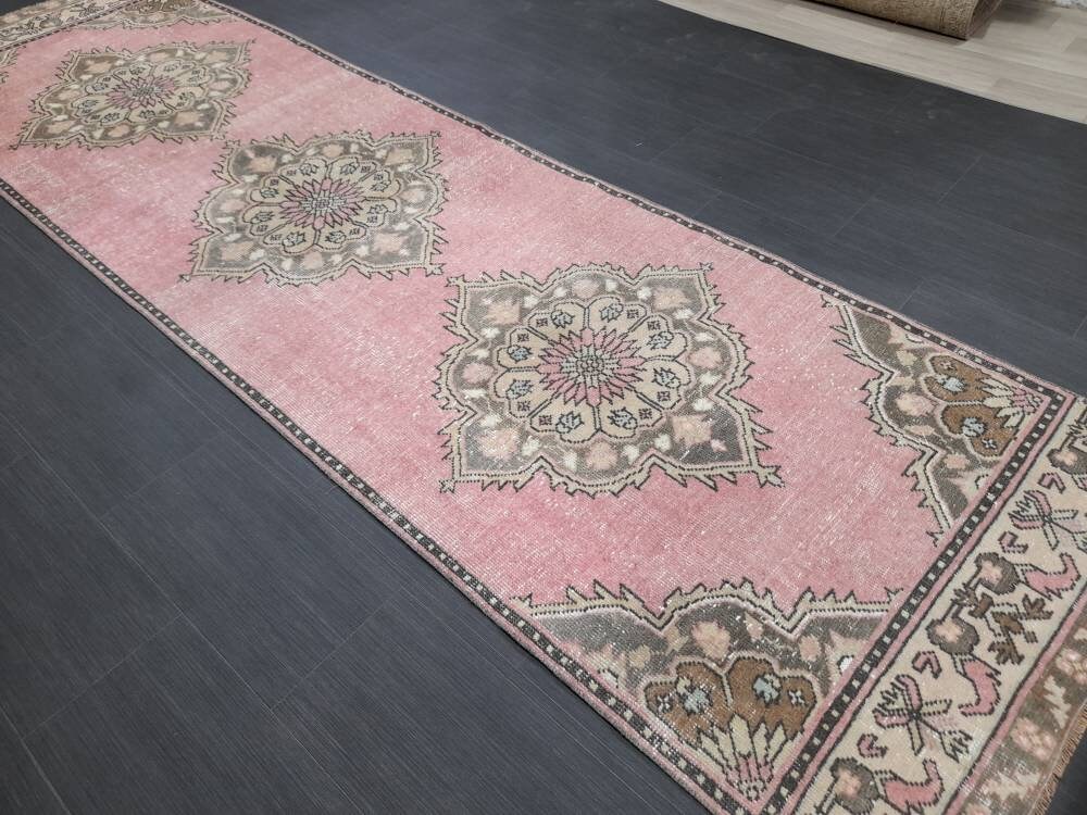 Vintage Runner Rug Muted 3.2 x 11.2 Hand Made Runner Rug Turkish Runner Rug Pink Vintage Runner Rug Hallway Runner Rug Wool Kitchen Runner