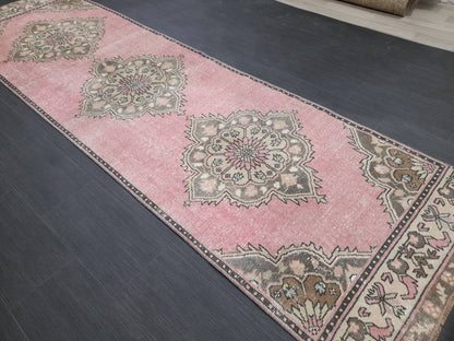 Vintage Runner Rug Muted 3.2 x 11.2 Hand Made Runner Rug Turkish Runner Rug Pink Vintage Runner Rug Hallway Runner Rug Wool Kitchen Runner