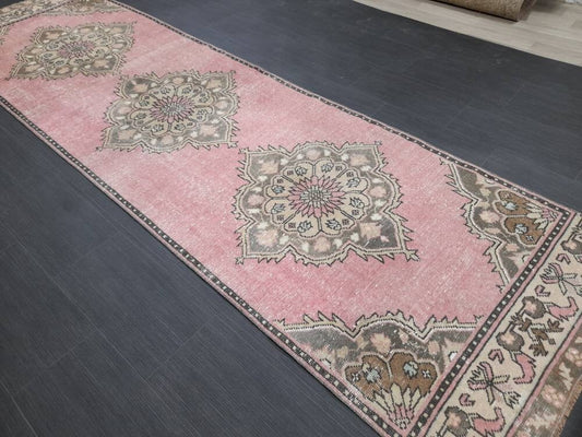 Vintage Runner Rug Muted 3.2 x 11.2 Hand Made Runner Rug Turkish Runner Rug Pink Vintage Runner Rug Hallway Runner Rug Wool Kitchen Runner
