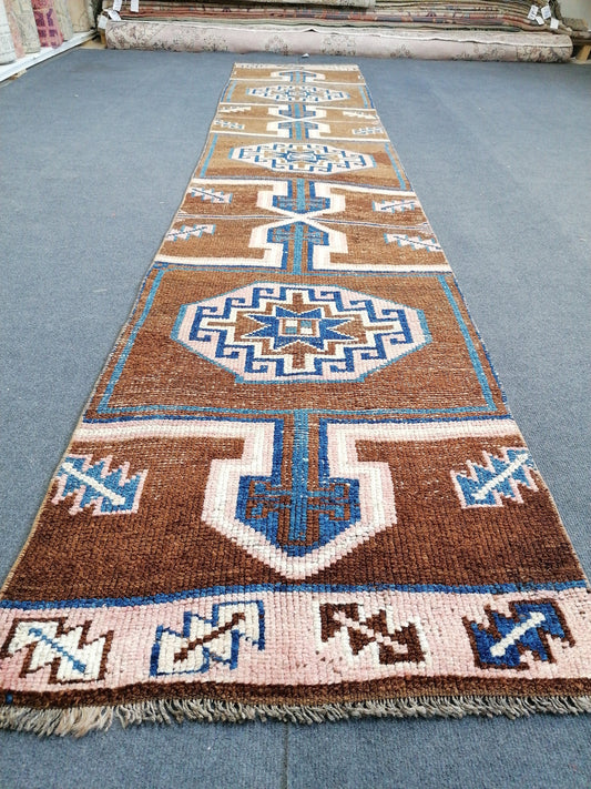 Blue turkish natural color runner rug 11'10x2'2 vintage runner vintage oushak rug unique traditional natural dyes hand made rug bohemian rug