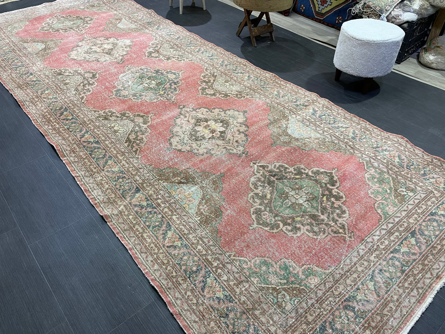 Antique Turkish Runner Rug Muted Distressed 4.9 x 12.6 Runner Rug, Vintage Runner Rug Hallway Runner Rug Kitchen Runner Wool Handmade Runner