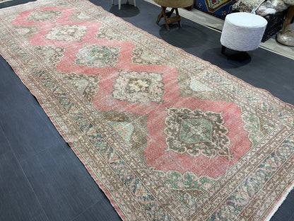 Antique Turkish Runner Rug Muted Distressed 4.9 x 12.6 Runner Rug, Vintage Runner Rug Hallway Runner Rug Kitchen Runner Wool Handmade Runner