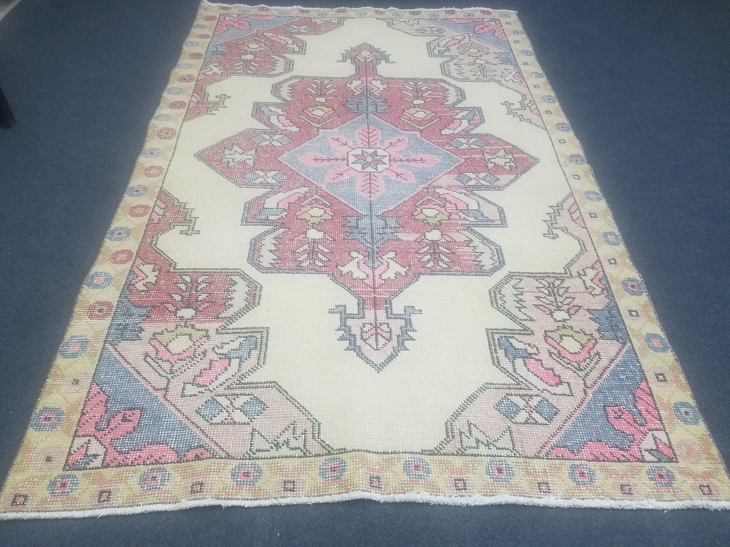 4x7 feet wool vintage rug, oushak bedroom rug, turkish living room rug, kitchen rug, bohemian rug, handmade lounge area rug, bathroom rugs