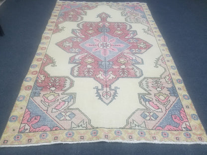 4x7 feet wool vintage rug, oushak bedroom rug, turkish living room rug, kitchen rug, bohemian rug, handmade lounge area rug, bathroom rugs