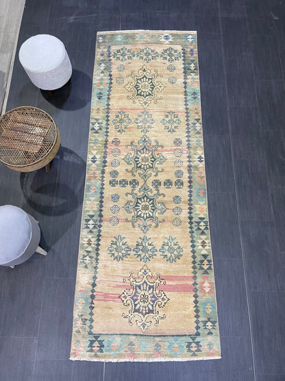 Vintage Runner Rug, 3x9 TURKISH Muted Runner Rug, Vintage Oushak Runner Rug, Quality Fine Runner Rug,Wool Oriental Runner Antique Runner Rug