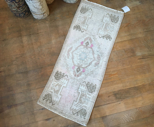 1.4x3.4 feet grey mini turkish rug, handmade brown bedroom area rug, bath mat mini rug, bathroom small rug, oushak kitchen rug, hallway rug