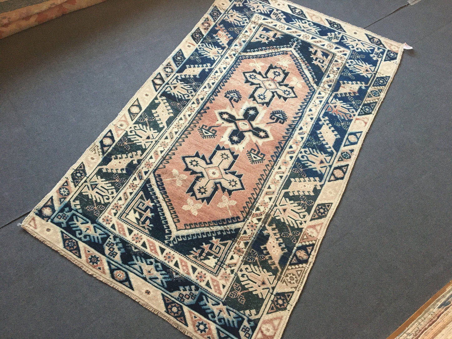 4x7 feet turkish large bedroom rug, handmade blue muted living room floor rug, vintage bathroom area rug, bohemian persian motif wool rugs