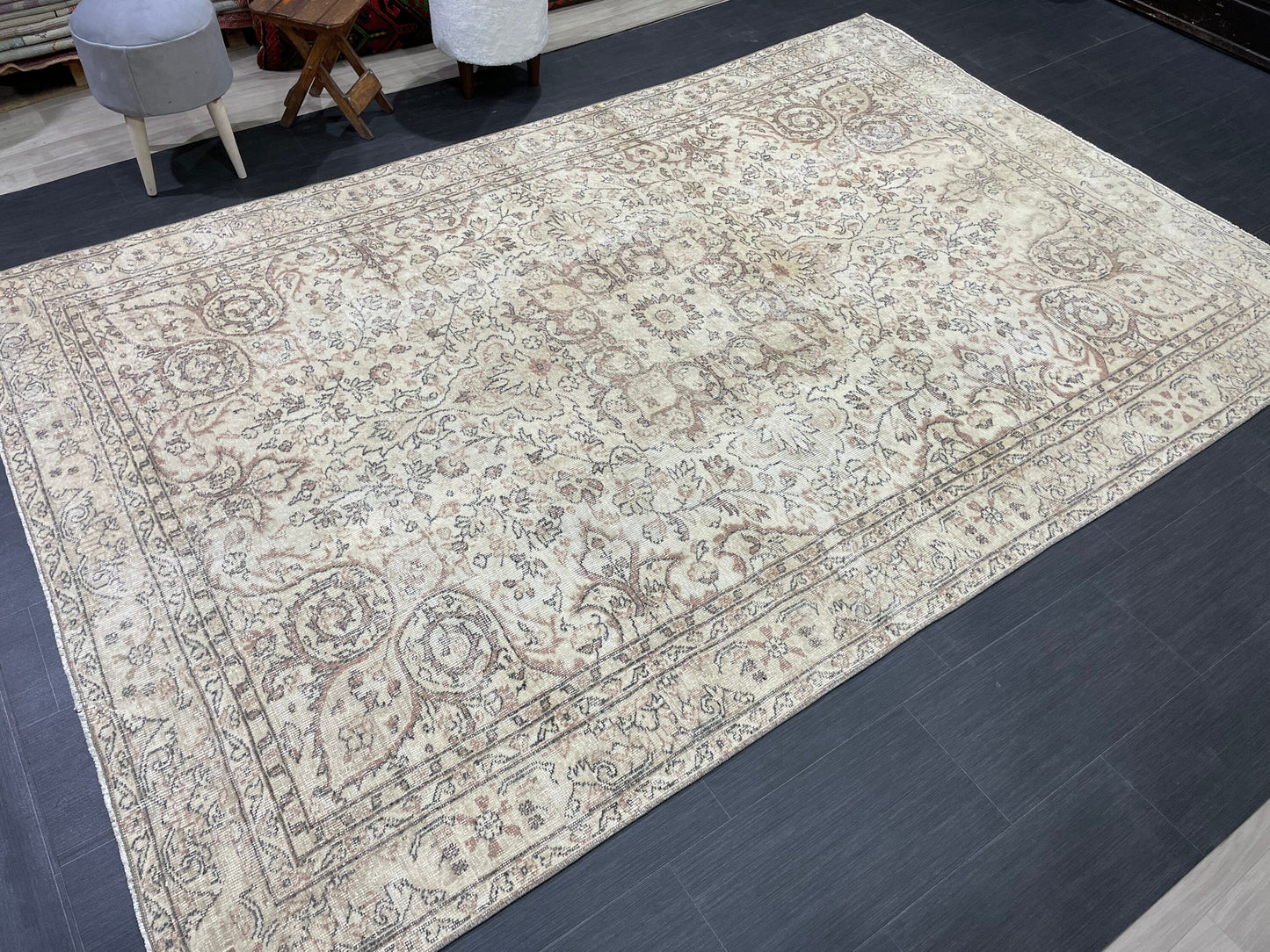 Muted Persian RUG Neutral Vintage 6.4 x 9.7 Rug Large Vintage Rug Wool Oushak Rug Hand Made Rugs Vintage Turkish Rug Neutral Rug