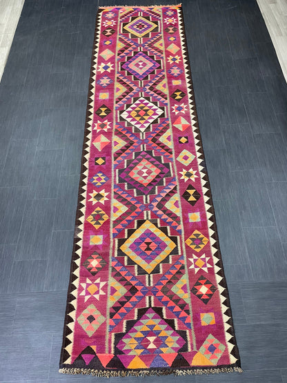 Vintage Runner rug 3.4 x 12.5 Handmade Flat woven Runner Kilim Runner Rug XL Oriental Runner Vintage Flat weave Rug Wool Carpet Rug