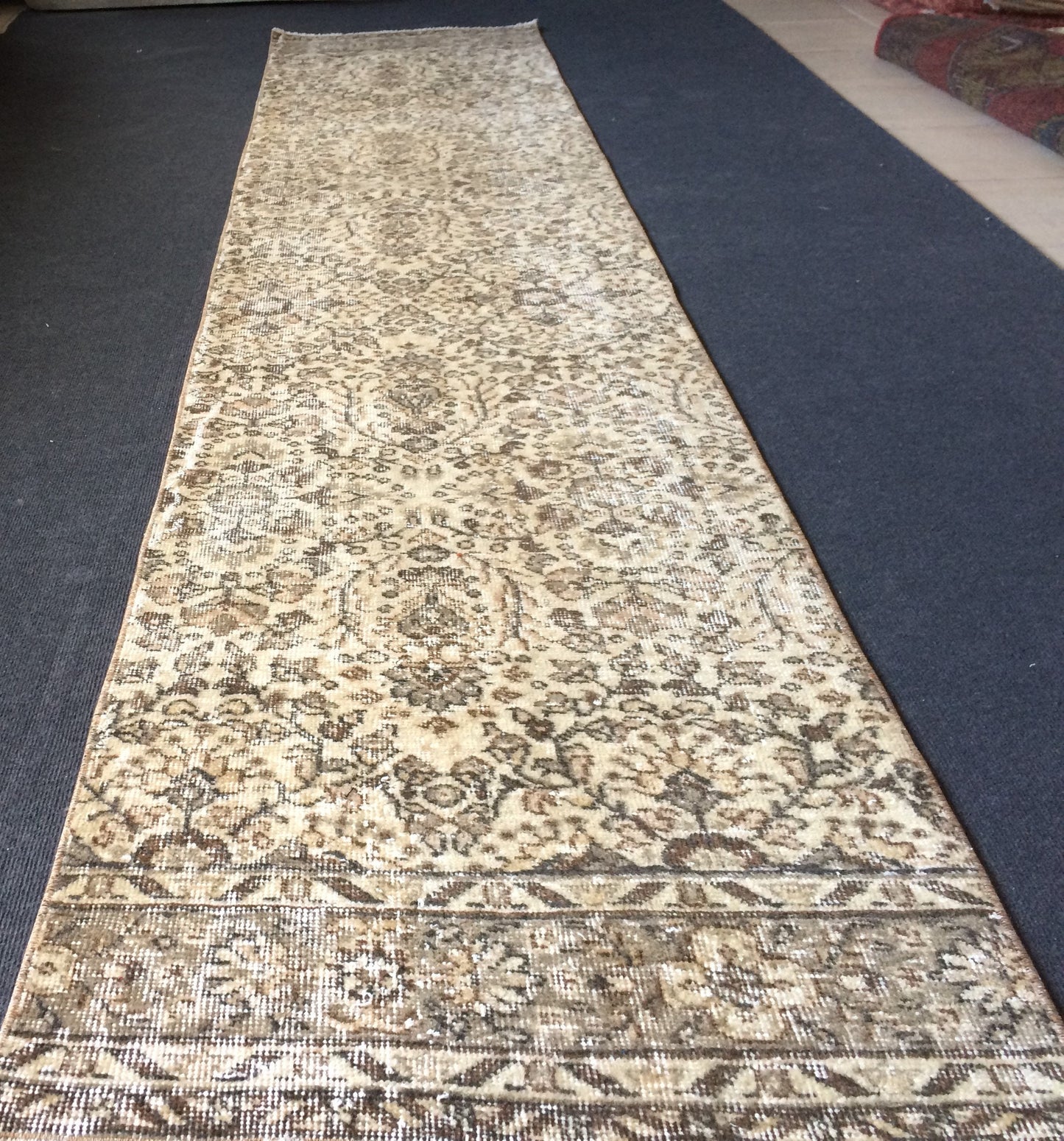 2.4 x 10.8 Oushak Runner Rug, Turkish Runner Rug, Vintage Runner Rug, Hallway Runner Rug, Kitchen Runner Rug,Cream Runner Rug,Neutral Runner