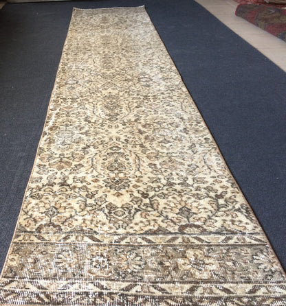 2.4 x 10.8 Oushak Runner Rug, Turkish Runner Rug, Vintage Runner Rug, Hallway Runner Rug, Kitchen Runner Rug,Cream Runner Rug,Neutral Runner