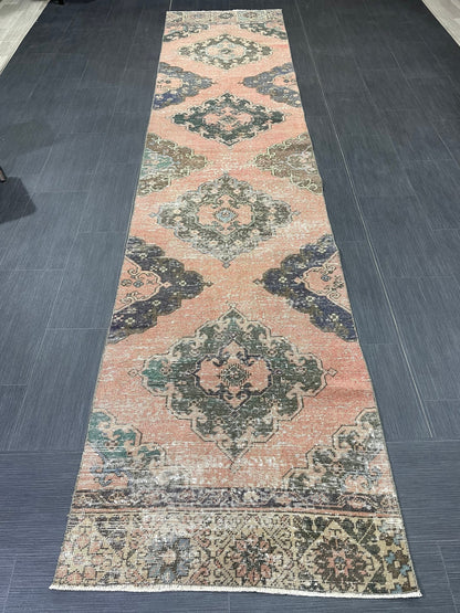 Vintage Runner Rug 2.7 x 12.3 Muted Hallway Runner Rug Kitchen Runner Rug Muted Wool Runner Rug Muted Oushak Rug Pretty Turkish Runner