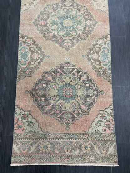 Distressed Runner Rug Muted Turkish Runner 3 x 13.2 Rug  Pink Vintage Runner Rug Hallway Runner Rug Muted Persian Runner Rug Wool Runner