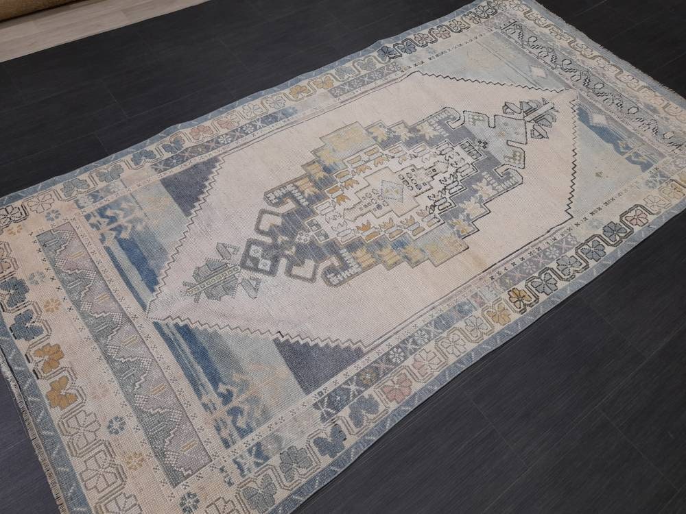 Vintage RUG 4.2 x 5 Turkish Oushak Rug Antique Rug Vintage Blue Wool Muted Oriental Rug Hand Made Rug Hand Knotted Turkish Rug Oriental Fun