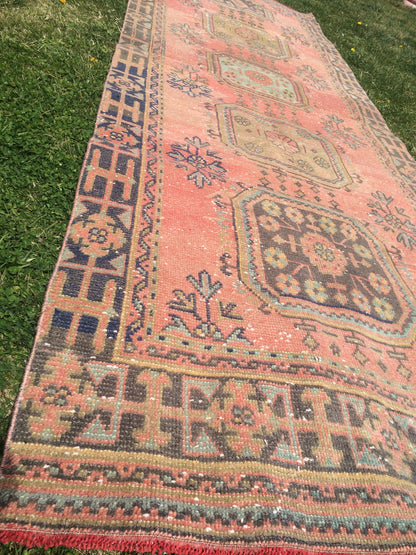 Vintage Turkish Runner Rug, 4x11 Oushak Runner Rug, Handmade Runner Rug, Hand Knotted Runner Rug Hallway Runner, Kitchen Runner