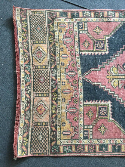 3x7.5 feet pink handmade middle runner, vintage kitchen floor runner, living room area wool runner rug, turkish bedroom runner, bath runner