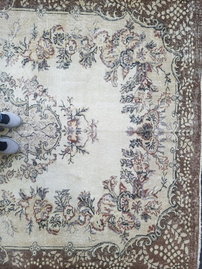 7x10 feet large oushak wool rug, turkish handmade oversize area rug, muted living room rug, vintage dining room wool rug,kids room large rug