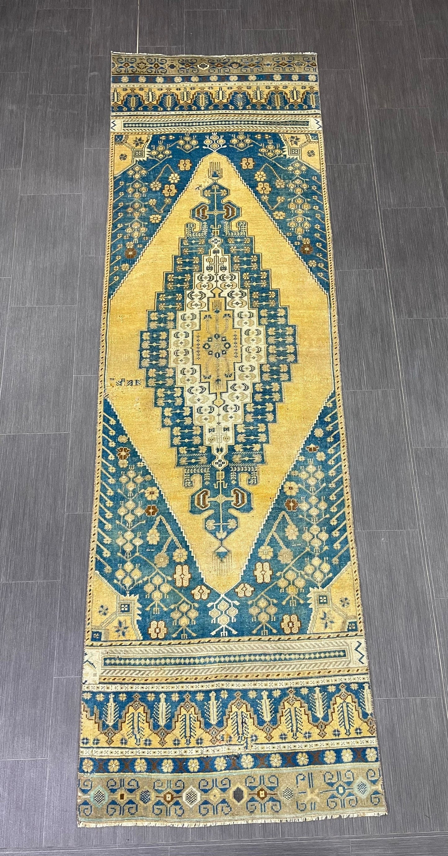 TURKISH Runner Rug Vintage Runner Rug 2.8 x 9.4 Oriental Rug Wool Oushak Rug Hand Knotted Rug Vintage Turkish Runner Rug Blue and Yellow Rug
