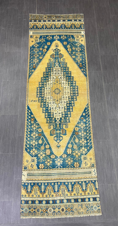 TURKISH Runner Rug Vintage Runner Rug 2.8 x 9.4 Oriental Rug Wool Oushak Rug Hand Knotted Rug Vintage Turkish Runner Rug Blue and Yellow Rug