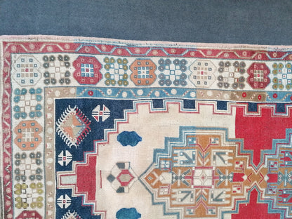 Blue vintage turkısh rug, anatolian wool rug, area oushak rug 4'3x7'10 feet