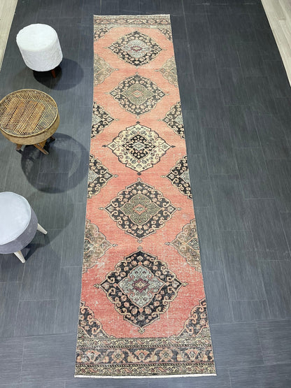 Vintage Turkish Runner Rug, Oushak Runner Rug, Handmade 2.9 x 11.6 Runner Rug, Hand Knotted Runner Rug, Hallway Runner, Kitchen Runner