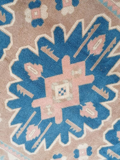 Turkish rug 4'5x7'3 blue and pink wool rug, vintage oushak rug, hand made living room rug