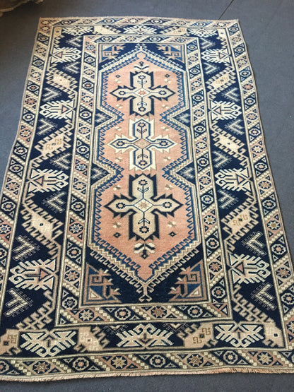 4x6 feet wool blue oushak bathroom floor rug, turkish anatolian large bedroom rug, vintage kitchen area rug, wide dining room rug, muted rug