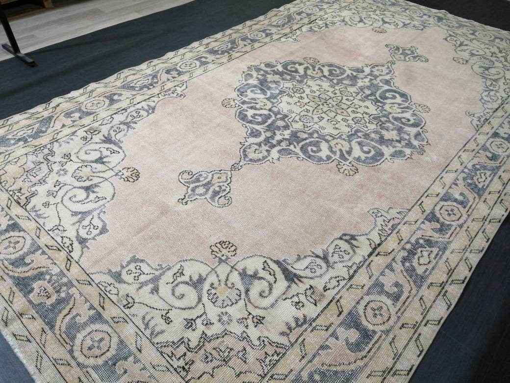 Antique OUSHAK RUG 6.5 x 11.3 Distressed TURKISH  Rug Muted Vintage Rug ,Vintage  Rug Wool Oushak Rug Hand Made Rugs Vintage Muted Rug