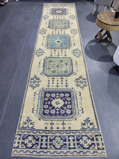 Oushak Runner Rug, Turkish 2.9 x 11.3  Runner Rug, Vintage Runner Rug, Hallway Runner Rug, Kitchen Runner Rug, Handknotted Wool Runner Rug