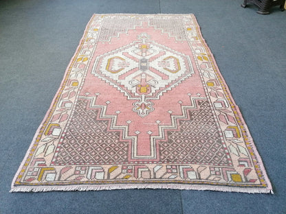 6'4x3'7 vintage turkish rug, pink turkish rug, oushak vintage rug, kitchen rug,vintage anatolian bohemian rug,unique hand made bohemian