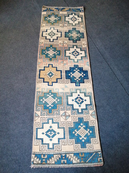 2 x 7.2 Oushak Runner Rug Turkish Runner Rug  Blue  Vintage Runner Rug Hallway Runner Rug Kitchen Runner Rug Wool Runner Navy Beige Green