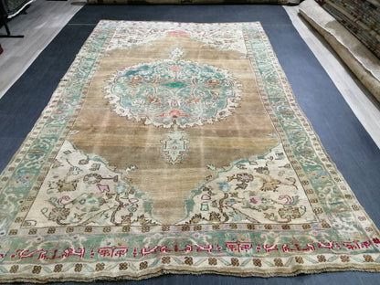 Hand Made Vintage RUG, Turkish Rug Large Area Rug, 6.7 x 10.8 VINTAGE Rug, Oushak  Rug,Hand Knotted Rug, Neutral Rug Antique Rug